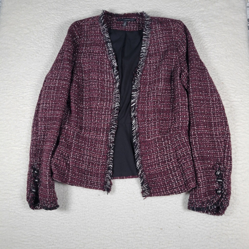 White House Black Market Tweed Blazer Womens 6 Burgundy Fringe Metallic Peplum